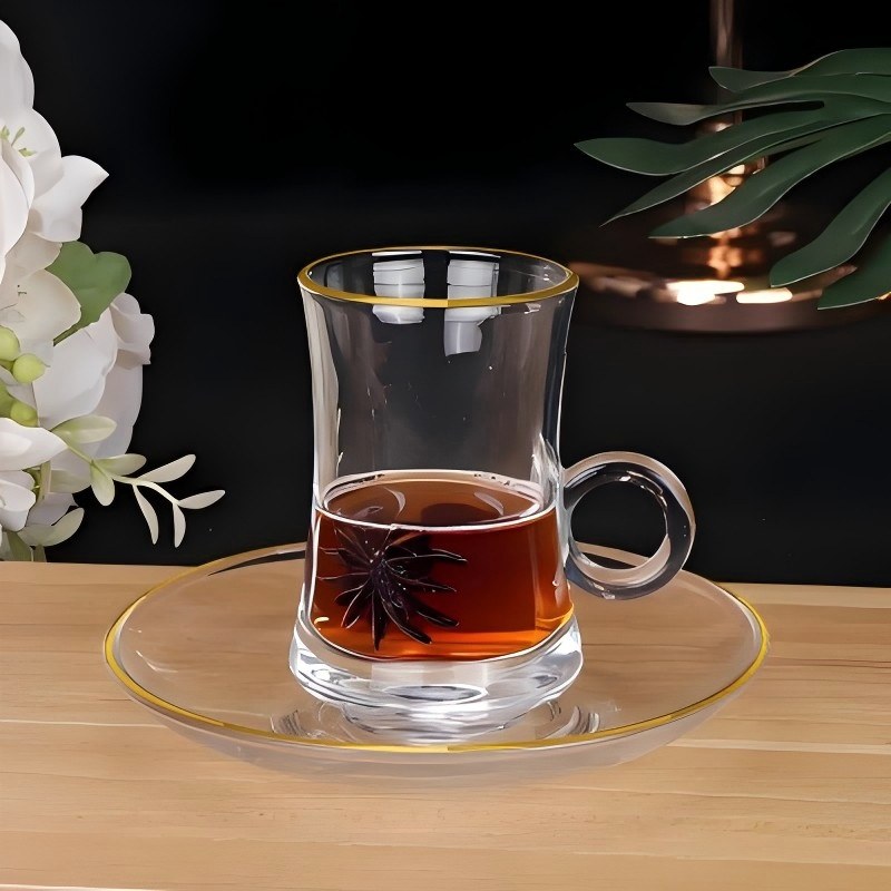 Tasse à thé en verre avec poignée en anneau imprimé vintage