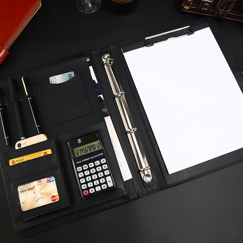 Classeur à anneaux A4 en cuir PU avec calculatrice