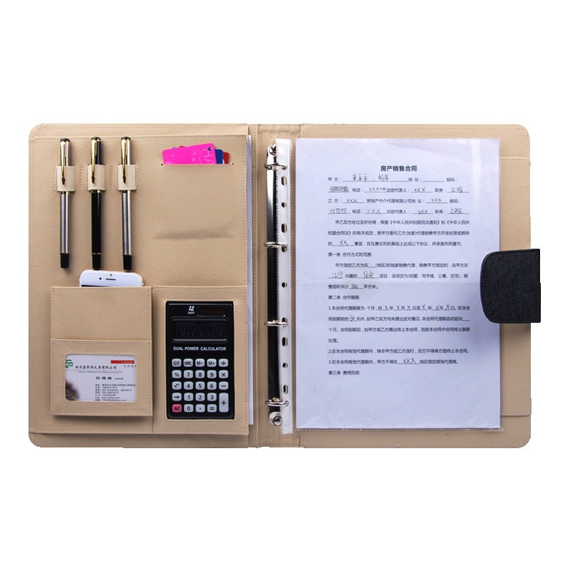 Classeur à anneaux A4 en cuir PU avec calculatrice