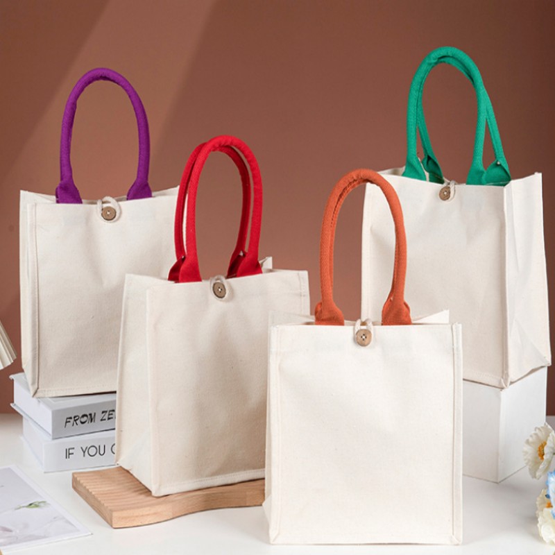 Sac fourre-tout en toile à poignée contrastée avec bouton en bois