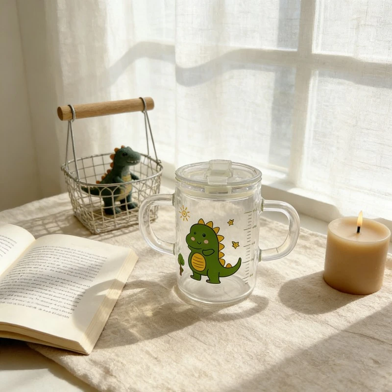 Kids Dual Handle Glass Sippy Cup With Dinosaur Print