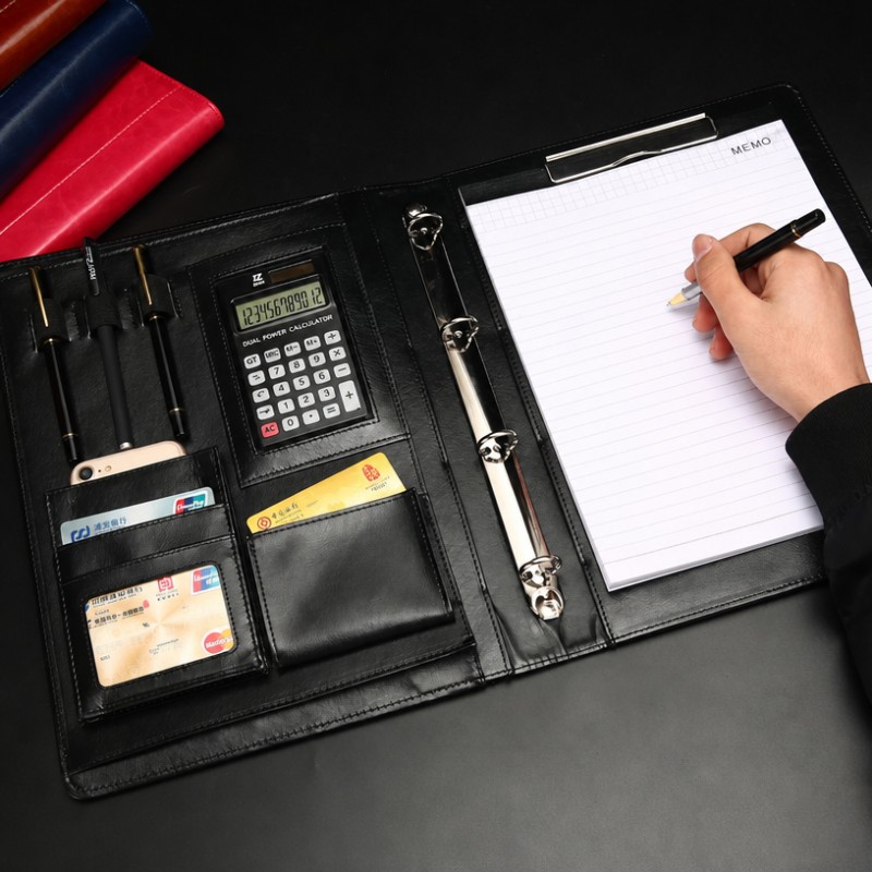 Classeur à anneaux A4 en cuir PU avec calculatrice