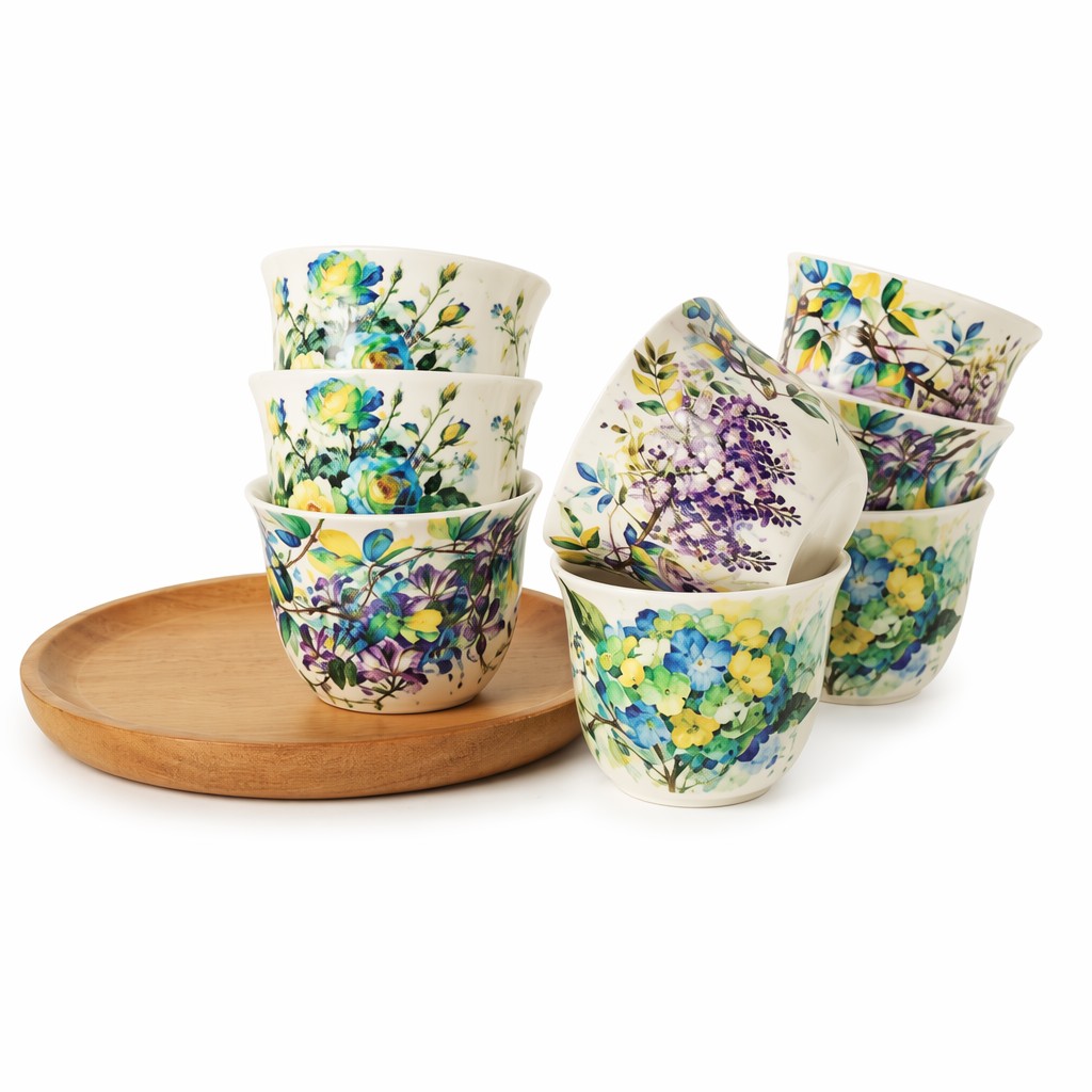Ensemble-cadeau floral en céramique de la tasse à thé 8Pcs d'aquarelle pour le service de thé