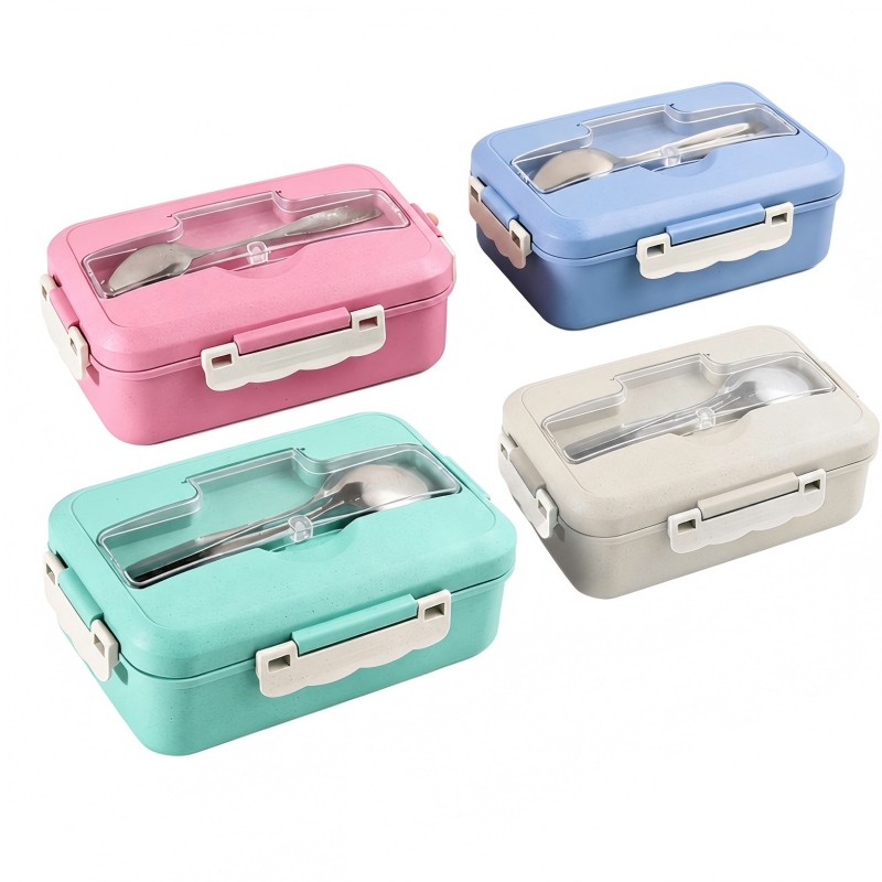Boîte à bento en paille de blé avec couverts en acier inoxydable