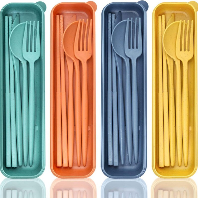 Ensemble d'ustensiles portables en paille de blé avec étui de rangement